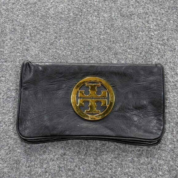Tory Burch Leather Clutch Handbag Black Gold Large - Picture 1 of 6